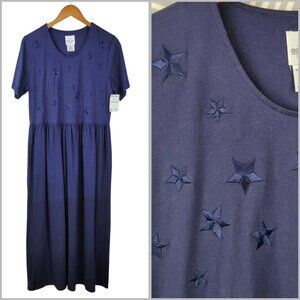 Vintage 90s Shirt Dress Medium Blue Embroidered Stars USA America Modest FLAW